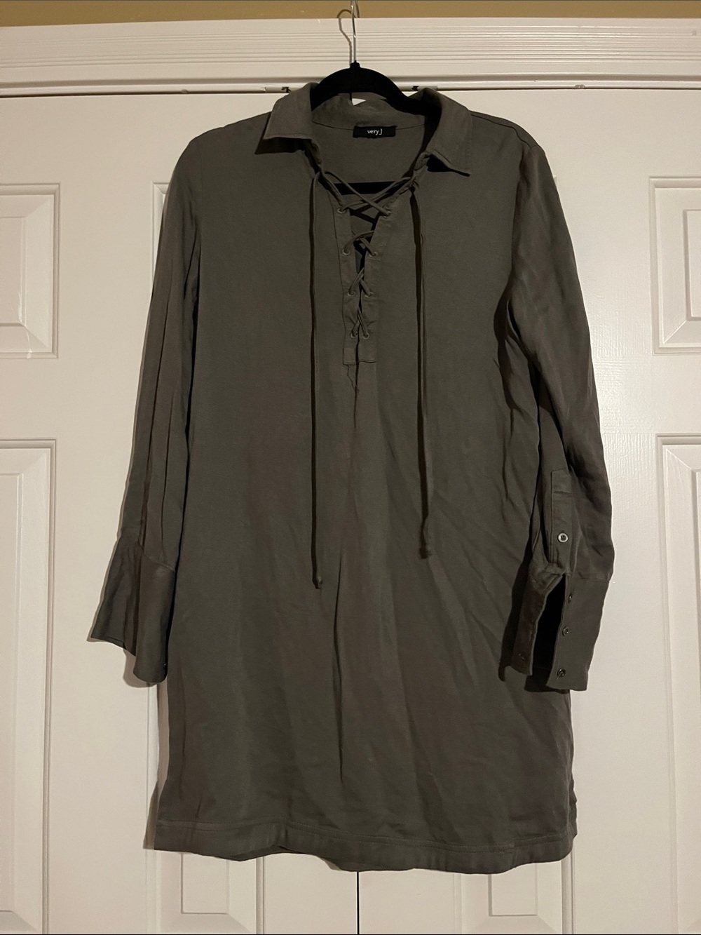 Very J Olive Green Lace-Up Shirt Dress